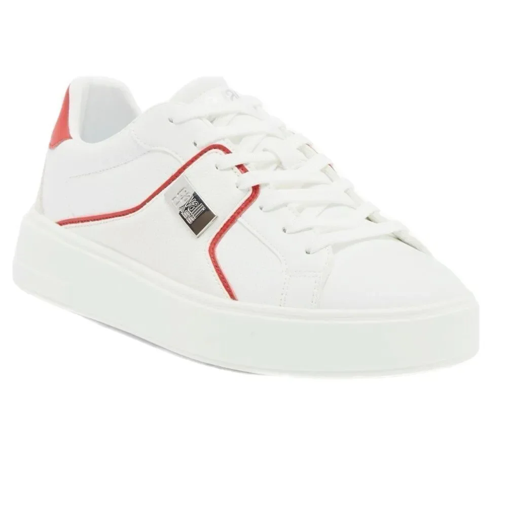 NWT Roberto Cavalli metal logo low top men sneaker in white with red accent Size